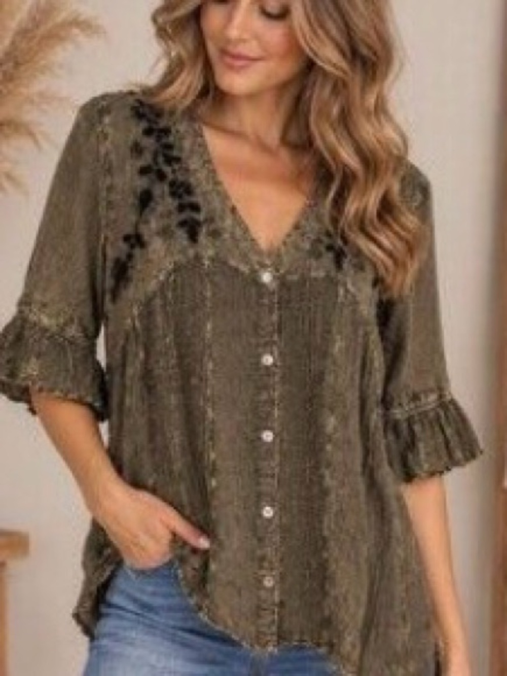 Young Threads Button Front Peasant Top